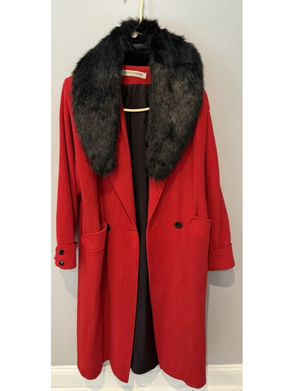 Vintage Donnybrook Red Long Coat Size Large Women’s With Black Faux Fur